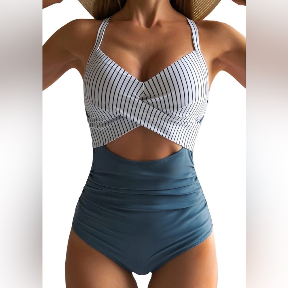 Eomenie Blue Striped Criss Cross Cutout One Piece Swimsuit XL Tummy Control